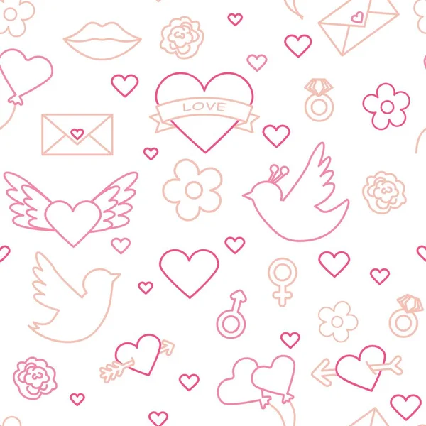 Valentinstag Nahtlose Muster Liebe Romantik Flache Linie Symbole Herzen Verlobungsring — Stockvektor