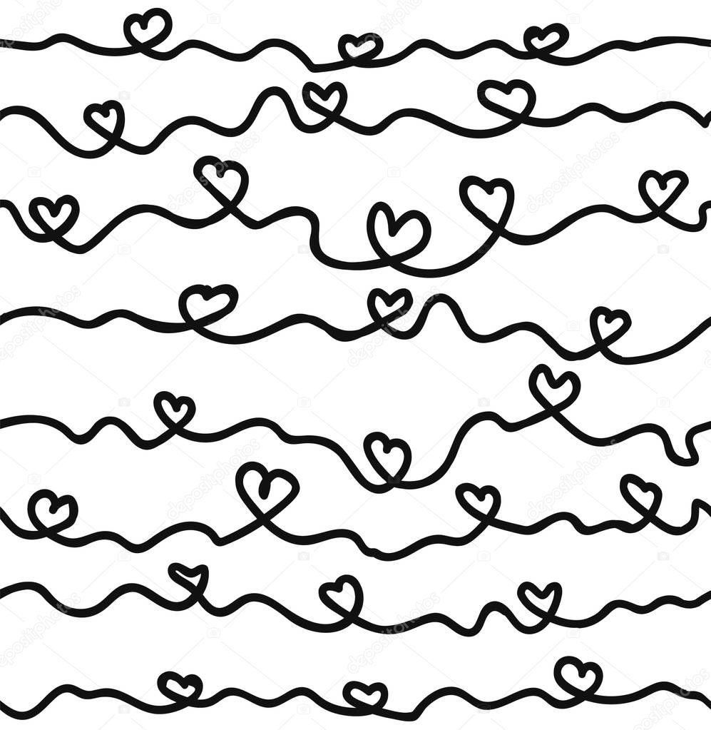 Hand drawn ink hearts seamless pattern , sketchy artsy, calligraphy nib drawing. vector