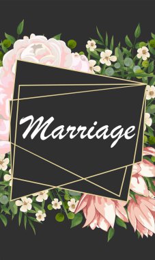 Düğün çiçek davet, invtation, tarih kartı tasarımı kaydedin. Suluboya allık pembe güller, sevimli beyaz bahçe şakayık çiçekleri, yeşil yaprakları, yeşil eğrelti otu, altın geometrik dekorasyon. şakayık ile kart