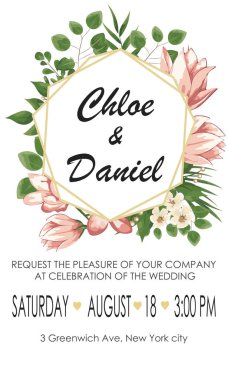 Düğün çiçek davet, invtation, tarih kartı tasarımı kaydedin. Suluboya allık pembe güller, sevimli beyaz bahçe şakayık çiçekleri, yeşil yaprakları, yeşil eğrelti otu, altın geometrik dekorasyon. şakayık ile kart