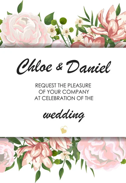 結婚式の花の招待、招待、日付カードのデザインを保存します。水彩画の赤面ピンクのバラ、かわいい白い庭のピオニーの花、緑の葉、緑のシダ、黄金の幾何学的装飾。ピオニのカード — ストックベクタ