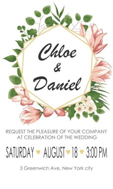 Düğün çiçek davet, invtation, tarih kartı tasarımı kaydedin. Suluboya allık pembe güller, sevimli beyaz bahçe şakayık çiçekleri, yeşil yaprakları, yeşil eğrelti otu, altın geometrik dekorasyon. şakayık ile kart