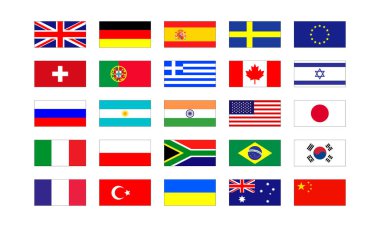 Beyaz arkaplan vektör EPS 10 üzerinde izole edilmiş popüler ülke bayrakları