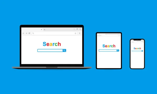 Página de búsqueda en pantallas portátiles de tabletas de teléfonos inteligentes. Vector EPS 10 — Archivo Imágenes Vectoriales