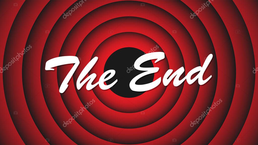 Movie ending screen. Inscription The End on the background of red circles. End cartoon screen Vector illustration EPS 10