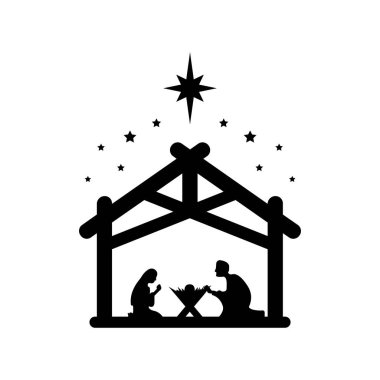 Hz. İsa sembol olarak doğdu. Mary ve Joseph ahırda yeni doğan Kurtarıcının önünde eğildiler. Vektör EPS 10