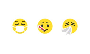 Hasta emoji vektör seti. Hasta duygu simgeleri termometre ve mendille maskelenmiş..