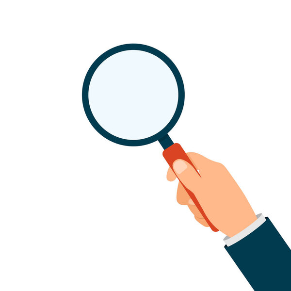 Hand holding magnifying glass isolated. Magnify lens in hand. Vector EPS10.