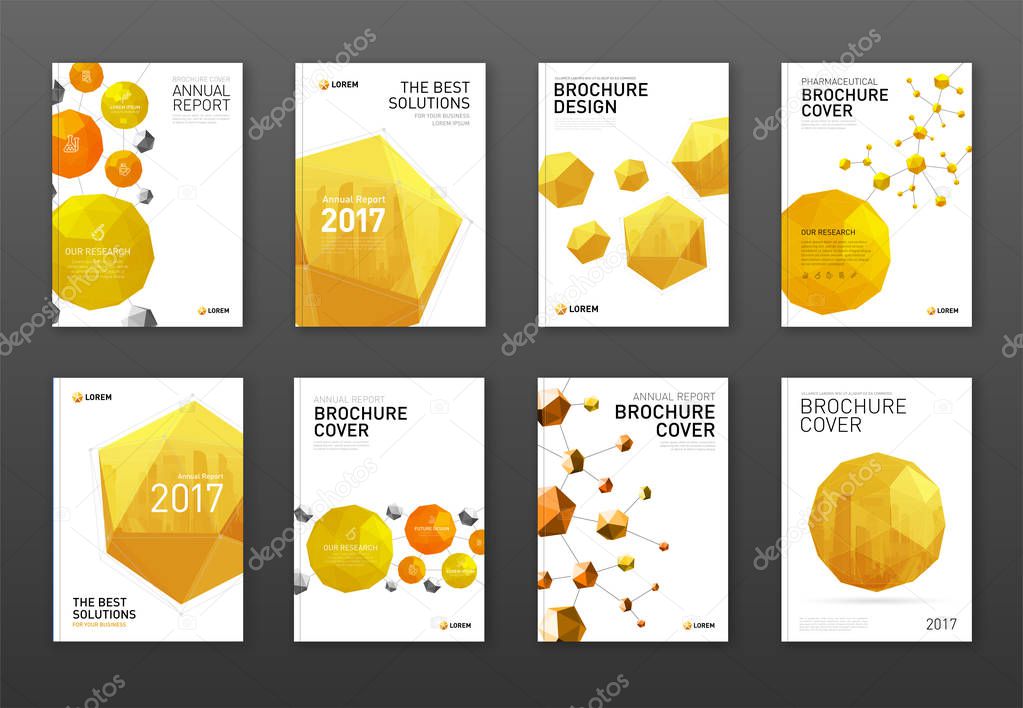 Corporate brochure cover design templates set with low polygonal 3d solid.