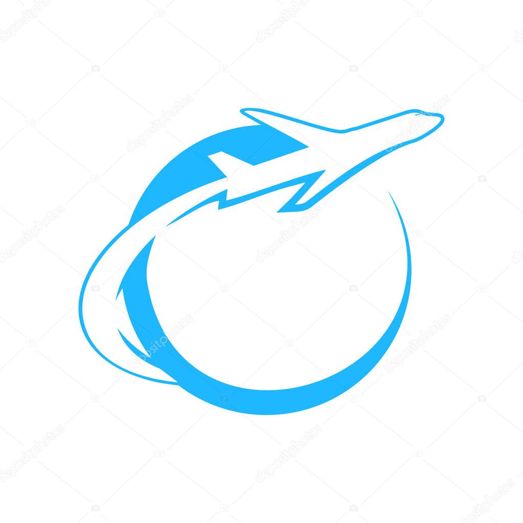 Blue Globe Airplane Flight Swoosh Vector Symbol Graphic Logo Design Template