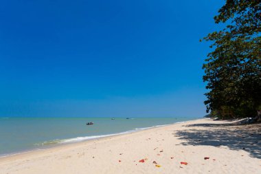 Batu Ferringhi Beach Malezya Penang Adası manzara. Güzel deniz manzarası ve Güney Doğu Asya'da alınan liman.