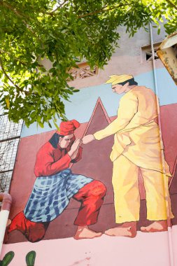 Güzel sömürge mimarisi ve Malacca Malezya şehirde sokak sanatı resimleri. Güney Doğu Asya güzel sanat.