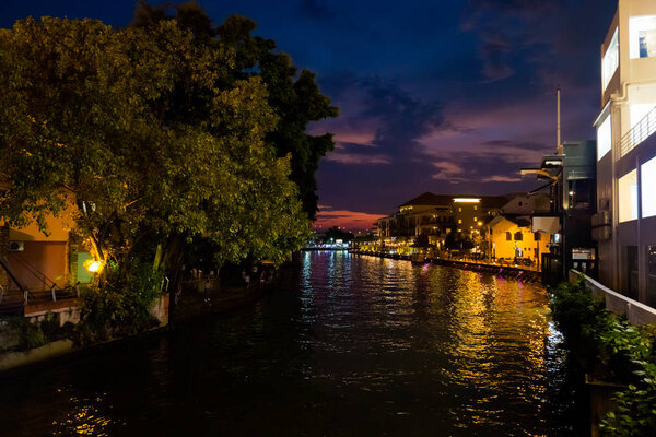 Beautiful colonial architecture on rivers bank of Malacca city in Malaysia. Beautiful artwork in south east Asia.