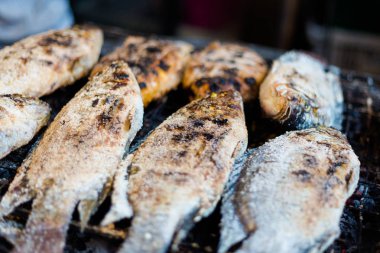 Tay balığı balık Bangkok yerel pazardaki tuz Barbekü ile kaplı. Geleneksel yol-in Güney Doğu Asya'da taze deniz ürünleri hazırlama.