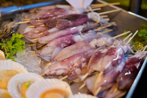 Fresh Raw Squid Barbecue Skewer Local Market Krabi Town Traditional — Stock Photo, Image