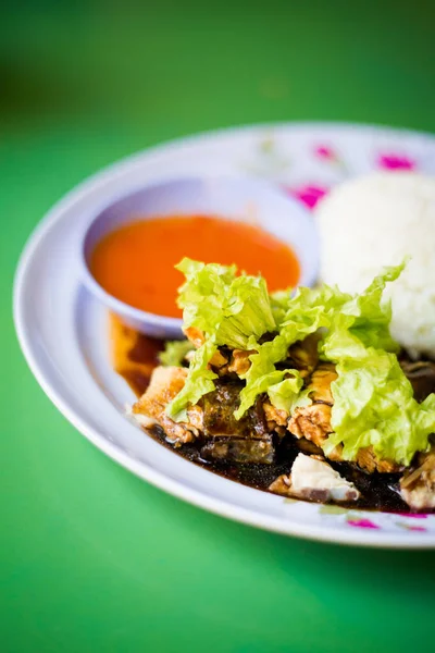 Ayam Malaysia Segar Disajikan Dengan Nasi Dan Saus Cabai Manis — Stok Foto