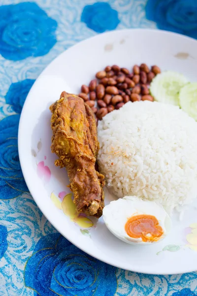 在兰卡威岛当地餐厅 新鲜烹制的马来西亚 Nasi Lemak 套餐配上咸蛋 由新鲜食材制成的传统亚洲美食 — 图库照片