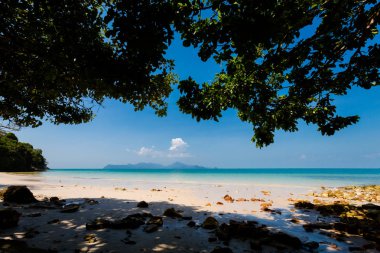 Güneşli Pasir Pantai Tengkorak Cenang plaj Tropikal Langkawi Adası Malezya. Güney Doğu Asya'nın güzel doğa.