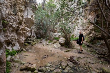 Genç beyaz turist doğa yürüyüşü sırasında güzel Avakas Gorge Vadisi'nde. Kıbrıs Adası'nda alınan manzara.