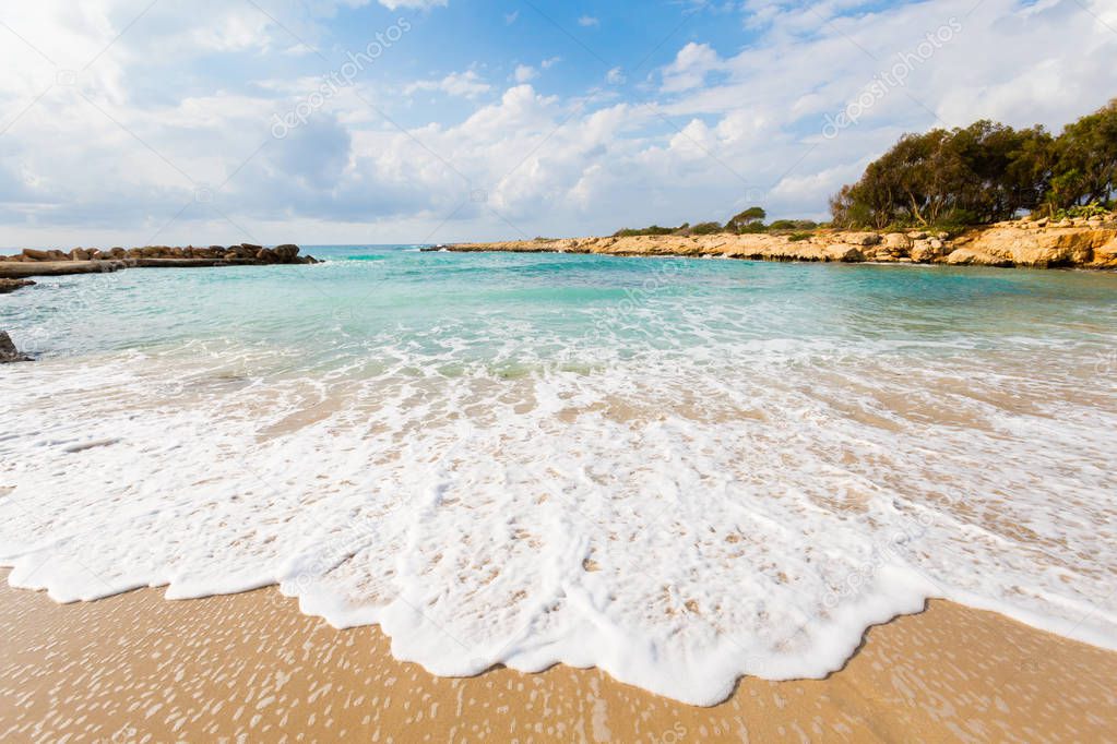 Beautiful Ayia Napa Nissi beach during cloudy weather. Landscape taken on Cyprus island.