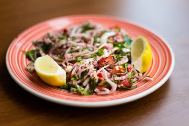 Lefkoşa'daki yerel restoranda Türk kebap Garnitür soğan salatası. Kıbrıs adasında geleneksel Kıbrıs yemekleri.