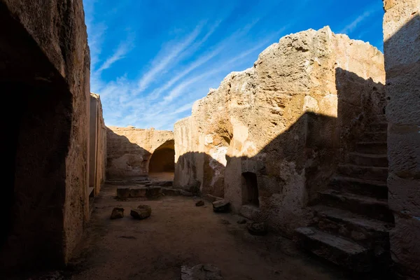 Beautiful old tombs of the king graveyard archeological park in Paphos. Ancient cemetery taken on Cyprus island.