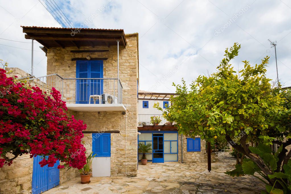 Beautiful architecture of mountain village Skarinu. Cityscape taken on Cyprus island.