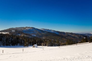 Alınan güzellikler Lehçe dağlar Beskidy Rysianka giderken karlı kış aylarında. Doğa yürüyüşü sırasında yakalanan manzara.