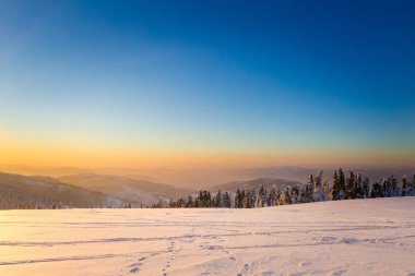 Alınan güzellikler Lehçe dağlar Beskidy Rysianka giderken karlı kış aylarında. Gün batımı doğa yürüyüşü sırasında yakalanan manzara.