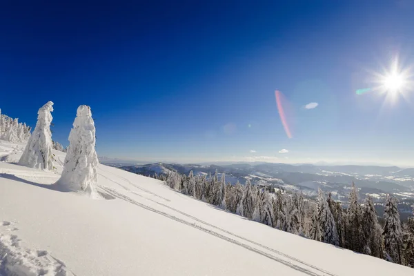 Mooi Panorama Genomen Pools Bergen Beskidy Onderweg Naar Rysianka Besneeuwde — Stockfoto