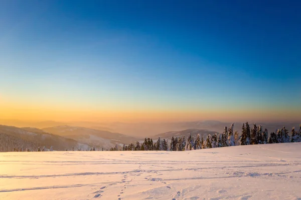 Piękna Panorama Wykonana Polskich Górach Beskidy Drodze Rysianka Zimą Śnieg — Zdjęcie stockowe