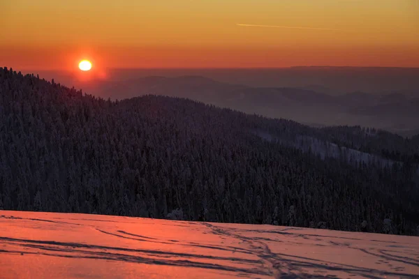 Vackra Panorama Polska Bergen Beskidy Väg Till Rysianka Snöiga Vintern — Stockfoto