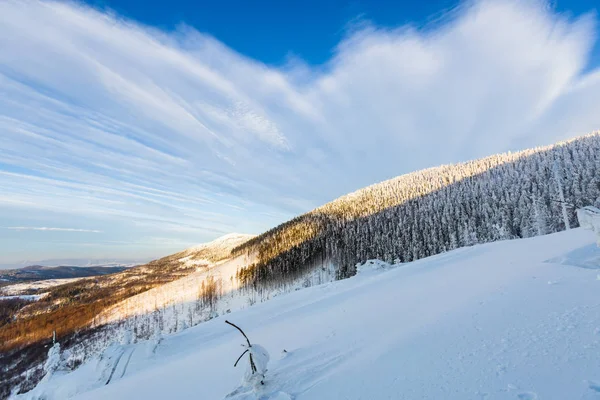 美しいパノラマが雪に覆われた冬の間にポーランド語山 Beskidy Lipowska に行く途中で撮影します Skitour 中にキャプチャされた風景トレッキング — ストック写真