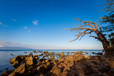 Vietnam 'ın Bai Thom bölgesindeki tropikal Phu Quoc adasında yaz deniz manzarası. Mavi gökyüzü ile Hon Mot - Kamboçya manzaralı manzara