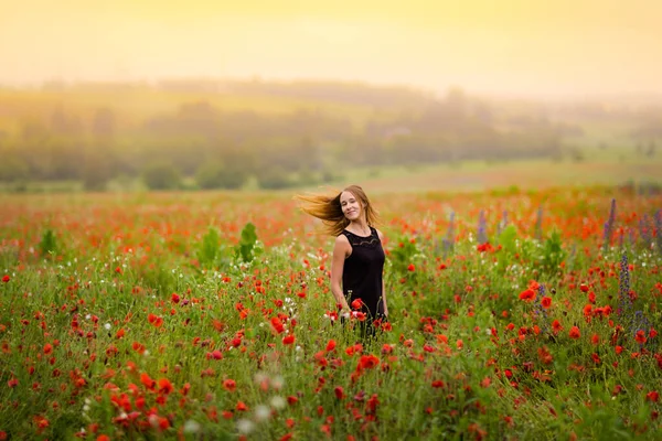 Attraente Giovane Donna Che Rilassa Bellissimo Campo Papaveri Rossi Campagna — Foto Stock