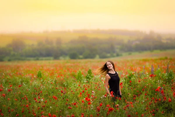 Jolie Jeune Femme Relaxante Dans Beau Champ Pavot Rouge Campagne — Photo