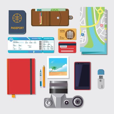 Seyahat için vektör elementleri seti. Uçuş kartı, rehber harita, kamera.