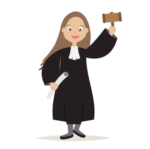 Cute Judge Cartoon Women Character Hold Hammer Judge Justice Vector — стоковый вектор