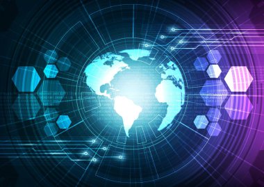 Dijital Cyber sistemi küresel ağ teknolojik altyapı, Hi-teknoloji ve iletişim kavramı tasarım, vektör çizim.