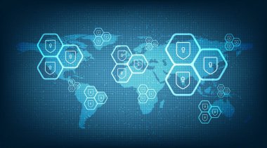 Dijital Koruma ve Güvenli Dünya Kavramı, Küresel arka plan Hi-tech ve teknoloji konsept tasarımı.