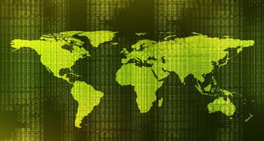 Yeşil Teknoloji Arka Plan Siber Dijital Dünya Haritası, Virüs ve Hacker Kavramı tasarım, Vektör İllüstrasyon.