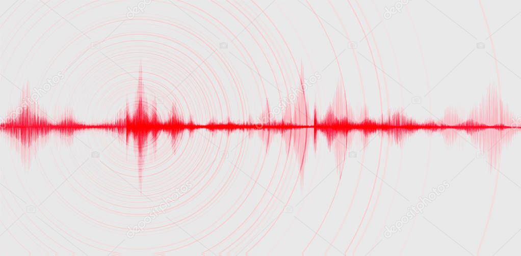 Blur Red Digital Sound Wave Low and Hight richter scale with Circle Vibration on white Background,technology and earthquake wave diagram and