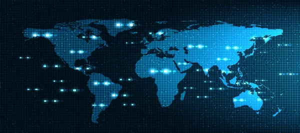 Mavi Dijital Küresel Sistemi Teknolojisi Arkaplan Bağlantı Letişim Kavramı Tasarımı — Stok Vektör