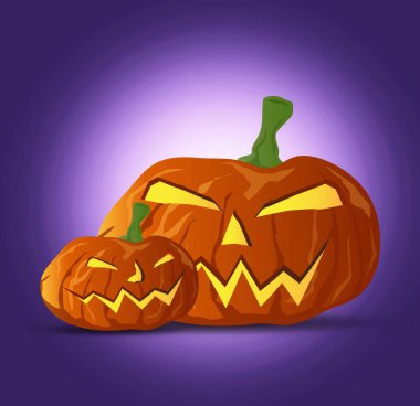 Çift Cadılar Bayramı balkabağı çizgi film karakteri, soyutlanmış arka plan.