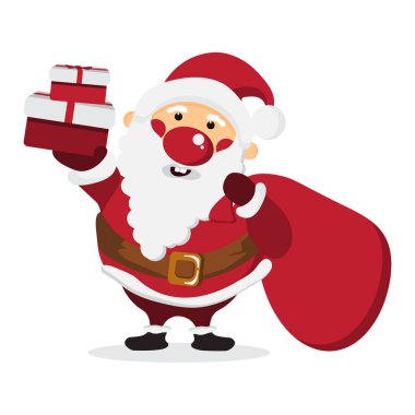 Cute Cartoon Santa Claus with a bag of gift on white isolated background,happy character concept,design for Christmas card and poster,illustration,vector.