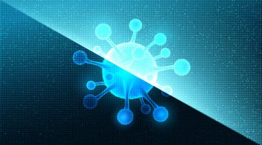 Mikro Coronavirus 2019-nCoV fütüristik geçmiş, tıbbi sağlık ve mikrobiyoloji konsepti, COVID-19 salgını tasarımı.