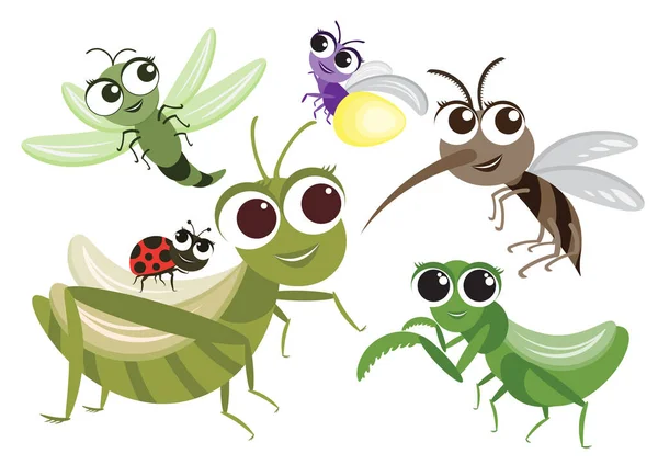 Set Cute Insects Cartoon Character Vector Insects Design Mosquito Grasshopper — Stock Vector
