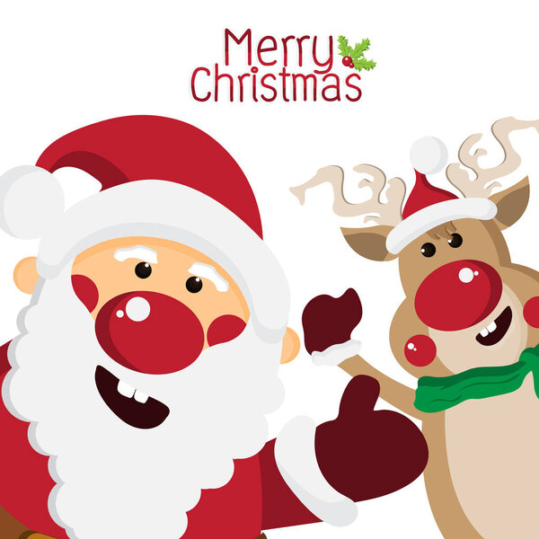 Счастливого Санта-Клауса и милых оленей, делающих ручные пальчики вверх, мультяшные персонажи для рождественского поздравления, счастливая новогодняя концепция, дизайн для открытки и плаката, векторная иллюстрация.