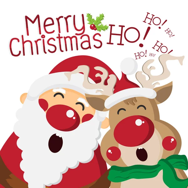 Mutlu Noel Baba Sevimli Ren Geyiği ile Şarkı Söylüyor, Noel Kutlaması için çizgi film karakterleri, Mutlu Yıllar Konsepti, Kart ve poster tasarımı, Vektör illüstrasyonu.