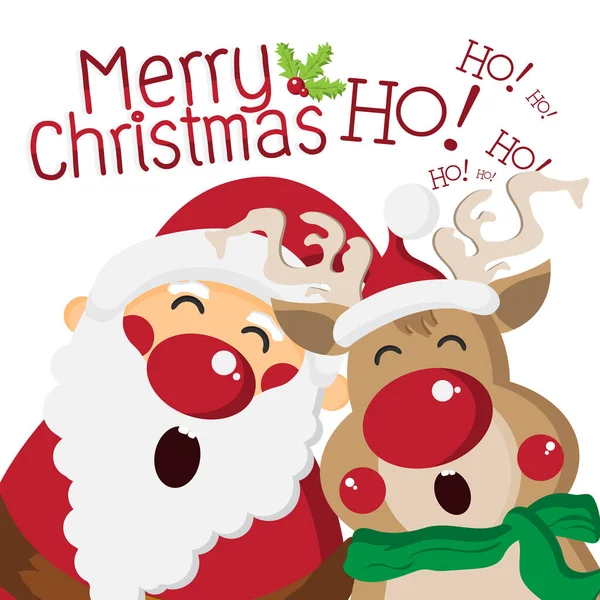 快乐圣诞老人与可爱的驯鹿歌唱 圣诞祝福卡通人物 新年快乐概念 卡片和海报设计 病媒图解 图库插图